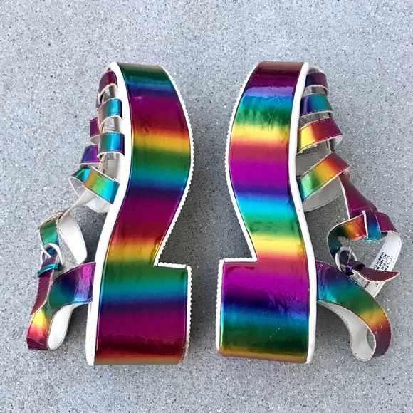 YRU Shoes - Dolls Kill YRU rainbow platform sandals strappy 9